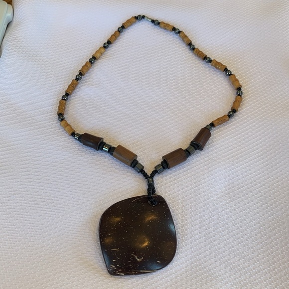 Coconut Shell Statement Necklace With Wood and Metal Beads Brown - Picture 2 of 4